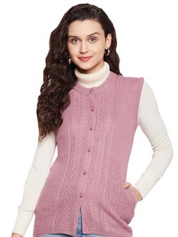 CLAPTON - Wool Blend Round Neck Sleeveless Button Self Design Short Cardigan