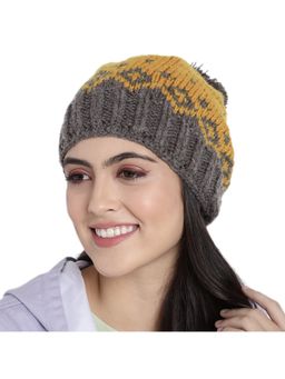 Magic Needles - Women Yellow Taupe Self Design Beanie