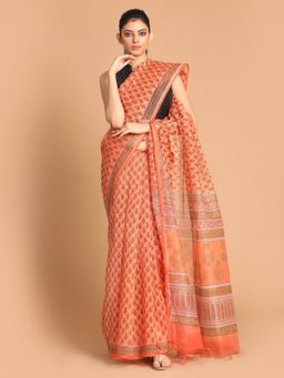Indethnic - Peach Floral Super Net Saree with Unstitched Blouse
