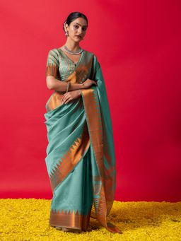 Triyah - Sky Lark Copper Temple Saree With Unstitched Blouse Fabric