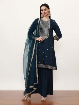Jaipur Kurti - Embroidered Silk Blend Ethnic Motifs Kurta with Palazzo and Dupatta (Set of 3)