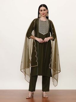 Jaipur Kurti - Embroidered Silk Blend Ethnic Motifs Kurta with Pant and Dupatta (Set of 3)