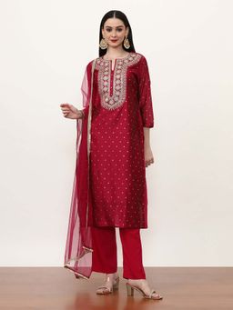 Jaipur Kurti - Embroidered Silk Blend Ethnic Motifs Kurta with Pant and Dupatta (Set of 3)