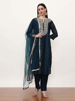 Jaipur Kurti - Embroidered Silk Blend Ethnic Motifs Kurta with Pant and Dupatta (Set of 3)