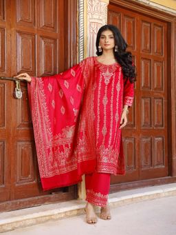 Kidar - Women Red Color Kurta with Pant and Dupatta (Set of 3)