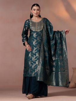 Shree - Women Silk Jacquard Blue Woven Kurta Palazzo with Dupatta