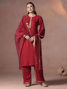 Shree - Women Liva Red Solid Kurta Pant with Dupatta