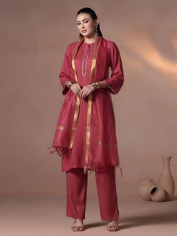 Shree - Women Liva Pink Solid Kurta Pant with Dupatta