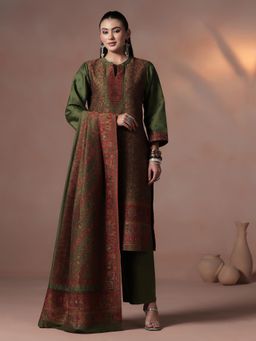 Shree - Women Acrylic Jacquard Green Kurta Pant with Dupatta