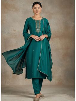 Varanga - Teal Bead Work Kurta Pant with Dupatta