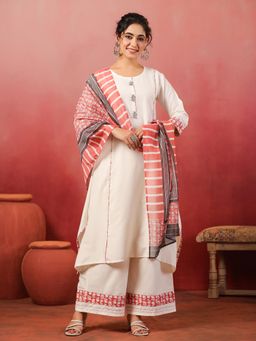 SPAN - Off White A-Line Printed Kurta Palazzo with Dupatta
