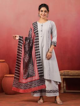SPAN - Grey A-Line Printed Kurta Palazzo with Dupatta