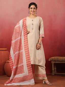 SPAN - Beige A-Line Printed Kurta Palazzo with Dupatta