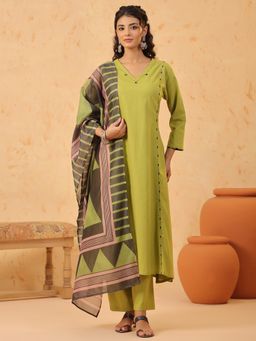 SPAN - Green A-Line Printed Kurta Palazzo with Dupatta