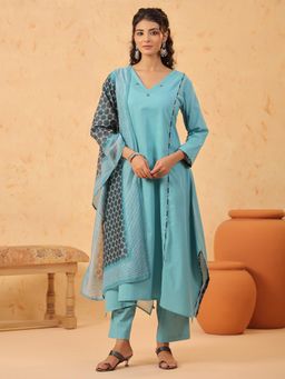 SPAN - Blue A-Line Printed Kurta Palazzo with Dupatta