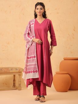 SPAN - Pink A-Line Printed Kurta Palazzo with Dupatta