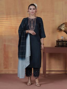Shree - Women Navy Blue Embroidered Kurta Pant with Dupatta