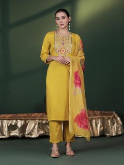 Shree - Women Yellow Embroidered Kurta Pant with Dupatta