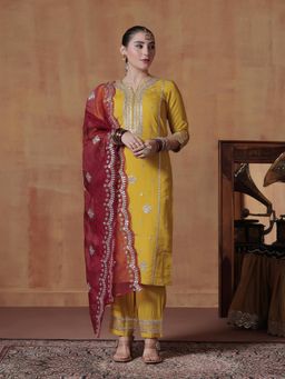 Shree - Women Silk Yellow Embroidered Kurta Pant with Dupatta