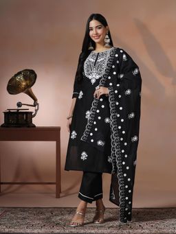 Shree - Women Cotton Black Embroidered Kurta Pant with Dupatta