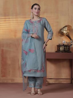 Shree - Women Silk Blend Powder Blue Embroidered Kurta Pant with Dupatta