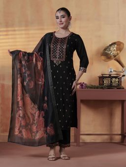 Shree - Women Chinon Black Embroidered Kurta Pant with Dupatta