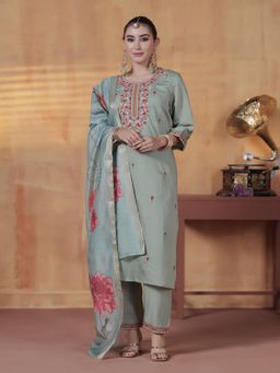 Shree - Women Silk Blend Green Embroidered Kurta Pant with Dupatta
