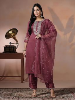 Shree - Women Silk Blend Pink Embroidered Kurta Pant with Dupatta