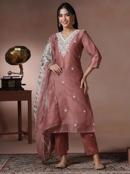 Shree - Women Silk Blend Peach Embroidered Kurta Pant with Dupatta