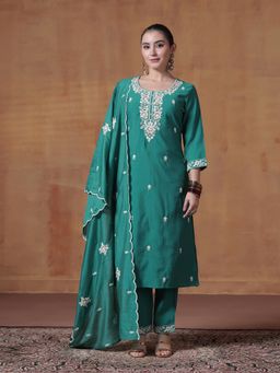 Shree - Turquoise Women Silk Blend Embroidered Kurta Pant with Dupatta