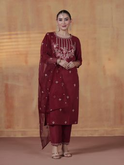 Shree - Women Silk Blend Maroon Embroidered Kurta Pant with Dupatta