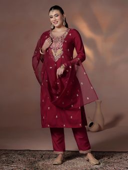 Shree - Women Silk Blend Maroon Embroidered Kurta Pant with Dupatta
