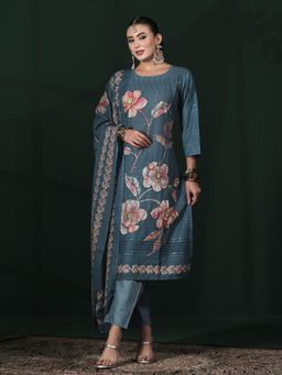 Shree - Women Cotton Blue Embroidered Kurta Pant with Dupatta