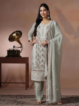 Shree - Women Viscose Organza Green Embroidered Kurta Pant with Dupatta