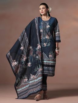Shree - Women Cotton Navy Blue Embroidered Kurta Pant with Dupatta