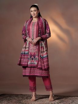 Shree - Women Cotton Maroon Embroidered Kurta Pant with Dupatta