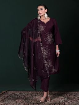 Shree - Women Poly Viscose Purple Embroidered Kurta Pant with Dupatta