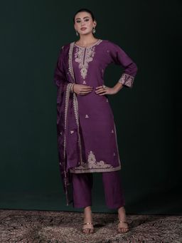 Shree - Women Poly Viscose Lavender Embroidered Kurta Pant with Dupatta