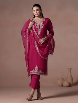 Shree - Women Poly Viscose Pink Embroidered Kurta Pant with Dupatta