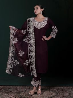 Shree - Women Poly Viscose Wine Embroidered Kurta Pant with Dupatta