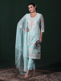 Shree - Women Organza Aqua Blue Embroidered Kurta Pant with Dupatta