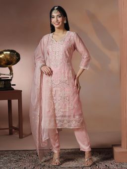 Shree - Women Organza Pink Embroidered Kurta Pant with Dupatta