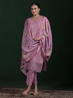 Shree - Women Cotton Purple Embroidered Kurta Pant with Dupatta