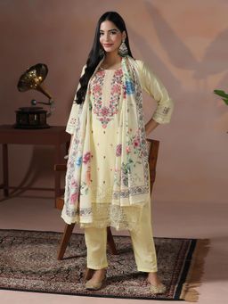 Shree - Women Cotton Yellow Embroidered Kurta Pant with Dupatta
