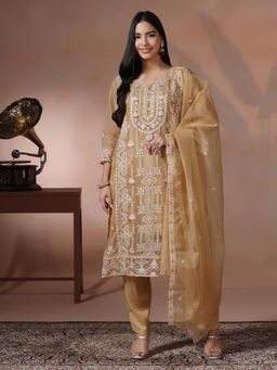 Shree - Women Organza Mustard Embroidered Kurta Pant with Dupatta