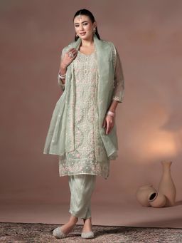 Shree - Women Organza Grey Embroidered Kurta Pant with Dupatta