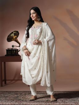 Shree - Women Viscose Organza White Embroidered Kurta Pant with Dupatta