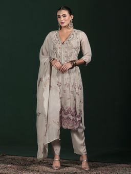 Shree - Women Organza Grey Embroidered Kurta Pant with Dupatta