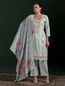 Shree - Women Cotton Grey Embroidered Kurta Pant with Dupatta
