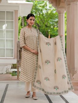 ARAMYA - Soft Cotton Straight Floral Print Kurta Pant with Dupatta